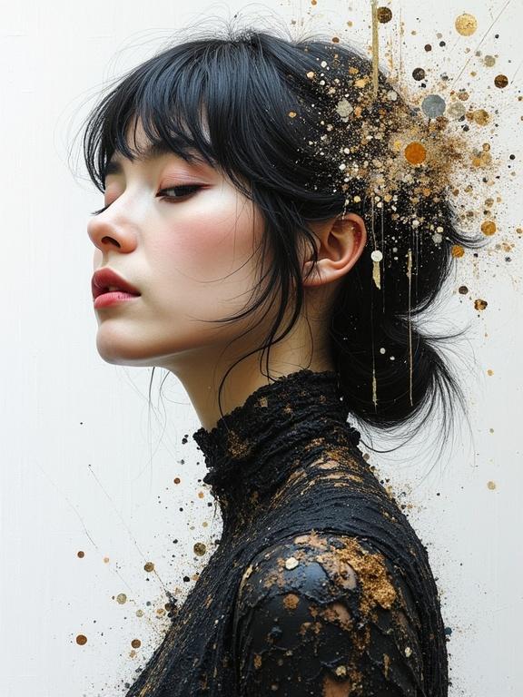 Profile portrait of a woman with dark hair. Textures include newspaper, jute fibres, wood, sand, glittering confetti. Mixed media elements and scratches present. Edgy and stunning composition with a dark color palette against a white background. High resolution.