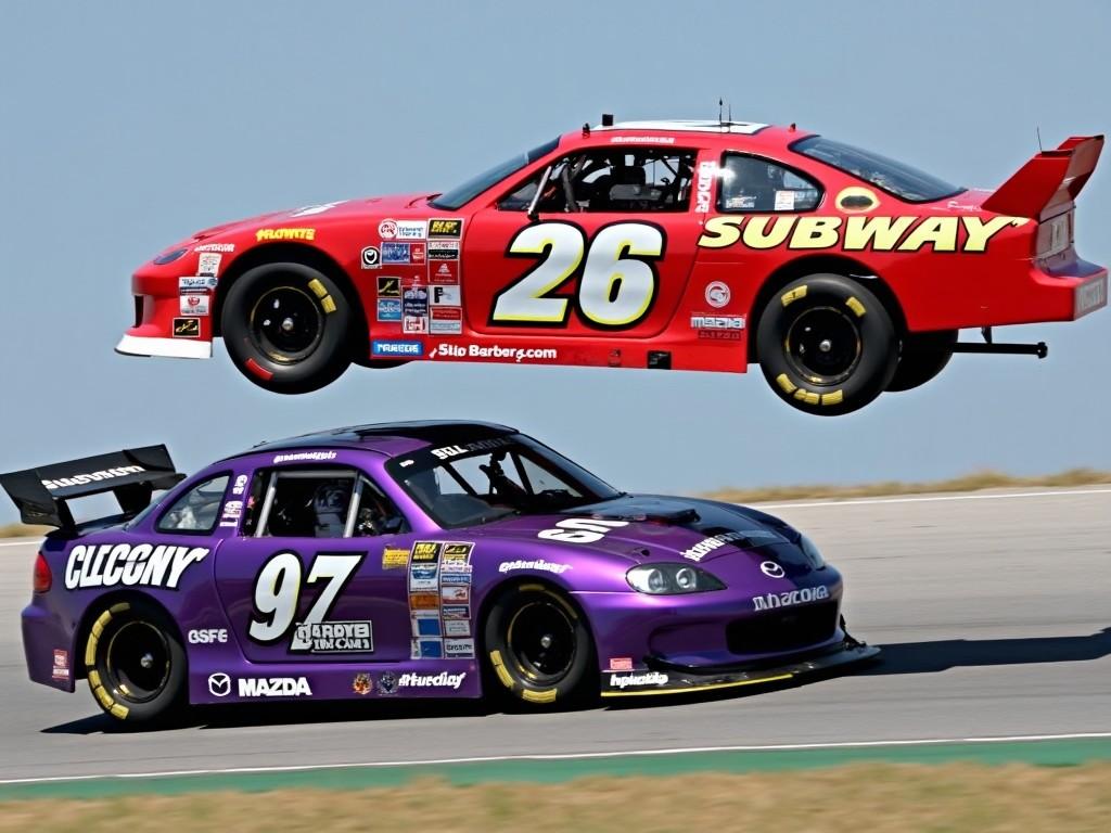 The image shows two colorful racing cars on a race track. One car is airborne above another, appearing to be in the middle of a dramatic moment. The purple car on the ground has visible sponsors like Mazda and uses BFG Goodrich tires. The red car, featuring Subway branding, appears to be leaping over the other, suggesting a high-action scene. Both cars display the "Skip Barber Racing" branding, indicating participation in a competitive race event.