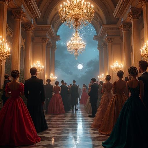 A grand masquerade ball in an opulent baroque palace under starlit sky. Elegantly dressed guests wear ornate, jewel-encrusted masks. Richly textured gowns and suits enhance the scene. Soft candlelight casts flickering shadows on marble floors. Enchanted chandeliers float midair with magical sparkles in the air. Moonlight streams through tall arched windows creating a surreal atmosphere.