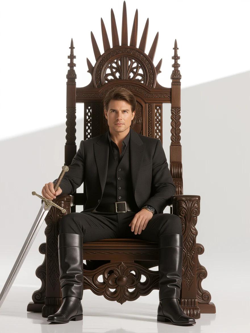 A man with medium length hair seated regally on a king's throne. The throne is intricately designed and emphasizes a royal presence. The setting suggests a connection to ruins. The image is extremely realistic.