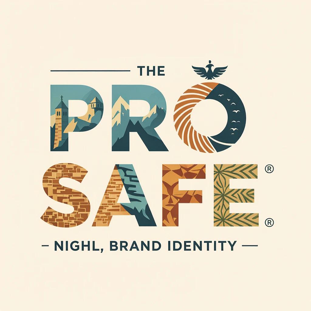 Design a logo featuring the text PRO SAFE. Each letter is custom-designed and reflects Albanian culture. The R and A represent mountains and architecture. The P and S incorporate wing patterns inspired by the double-headed eagle. The F and E resemble carved stone blocks. Use bold and geometric lettering with deep black and matte red colors. Add subtle metallic textures. The design conveys protection and elite craftsmanship.