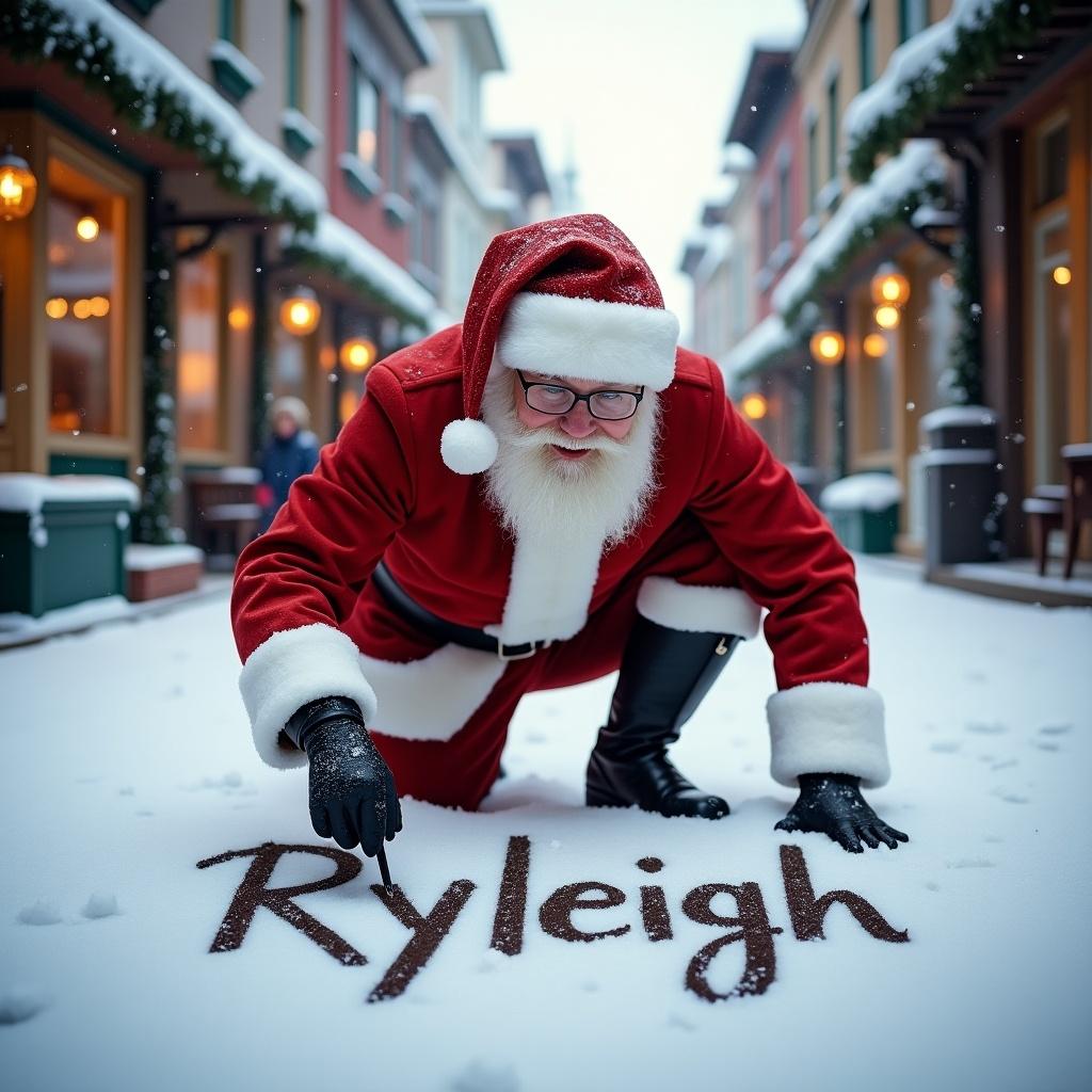 Santa Claus in traditional red attire writing name Ryleigh in fresh snow on a snowy street lined with charming buildings. Winter light creates a warm atmosphere. Cheerful and festive scene for holiday celebration.