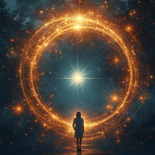 A mystical scene featuring a glowing circle and a silhouetted figure. Golden light radiates around, creating a surreal atmosphere. Starry background adds depth to the enchanting environment.