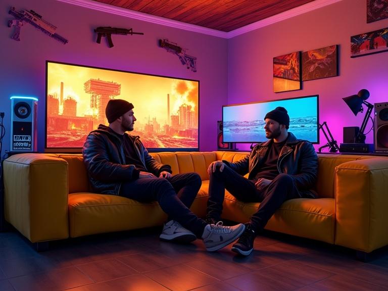A muscular man and an attractive woman wearing matching beanies and leather jackets sit comfortably on a neon yellow couch. The gaming room features futuristic designs with electronic gadgets and neon lights. A dramatic background shows a burning building in a war-torn setting. The atmosphere is dynamic and immersive with vibrant colors and high-tech decor.