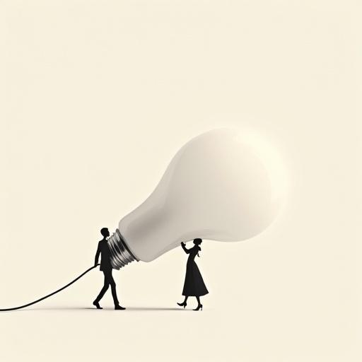 Two tiny humans are carrying a giant lamp bulb. The style is minimalist and surreal with oversized objects. The color palette uses monochrome. The background has vast negative space with soft shadows. It features an elegant composition and a modern poetic tone.