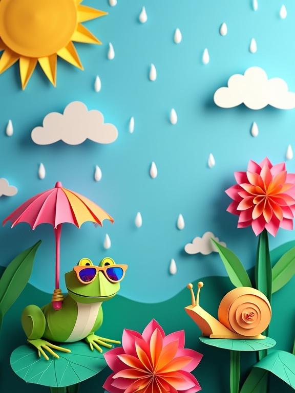 Smartphone wallpaper in origami-inspired style featuring a cheerful sky with sunshine and rain. Vibrant folded-paper umbrellas and a frog made of paper wearing radiant rainbow sunglasses. Surrounded by paper hydrangeas and a tiny paper snail with glowing rainbow glasses resting on a leaf.