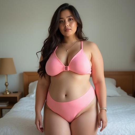Young woman in a pink bikini stands confidently in a bedroom. The model has a chubby figure. Soft light enhances the natural environment.