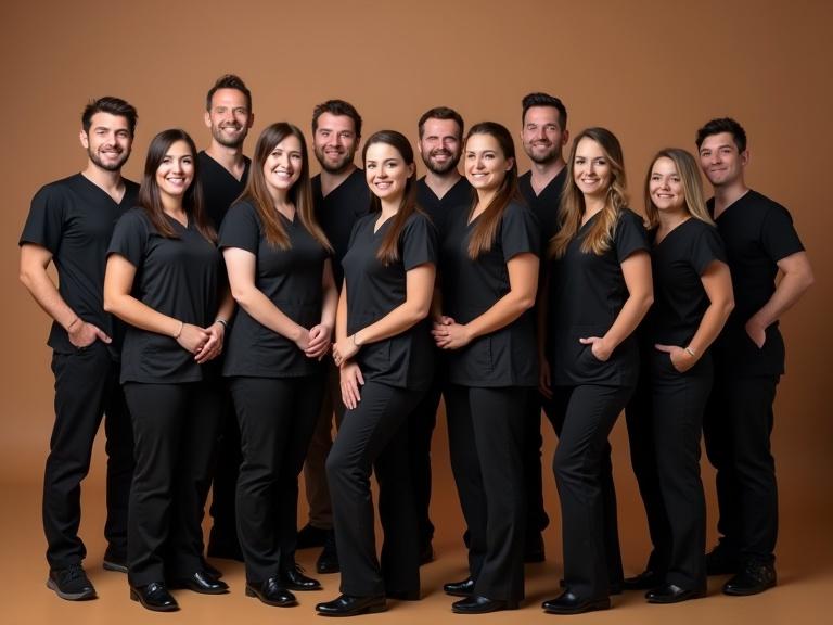 A group photograph featuring 15 dentists dressed in black uniforms posed in front of a simple brown background.