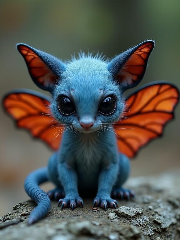 Image of a small fantastical creature. Creature has vibrant blue fur with a darker face and paws. Wings are translucent red with black veins. Creature appears melancholic and contemplative. Sitting on a muted brown surface.