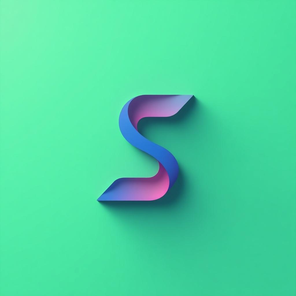 This image showcases a striking minimalist logo design featuring the letter 'S'. The logo is designed using a gradient color palette that blends vibrant blue and pink shades, contributing to a modern and dynamic appearance. It features two interlocking shapes creating a sense of movement, resting on a clean light green background. A subtle shadow enhances the 3D effect, making the logo pop. The overall aesthetic is sleek and professional, making it appropriate for technology and environmentally-focused brands.