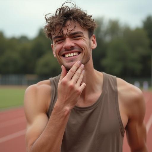 Close-up of a tired male athlete. He has light skin and short messy hair. He wears a sleeveless athletic shirt and appears exhausted. He touches his jaw with a pained expression. His smile is strained. Background shows a blurred athletic field with trees. Color theme includes soft earthy browns.
