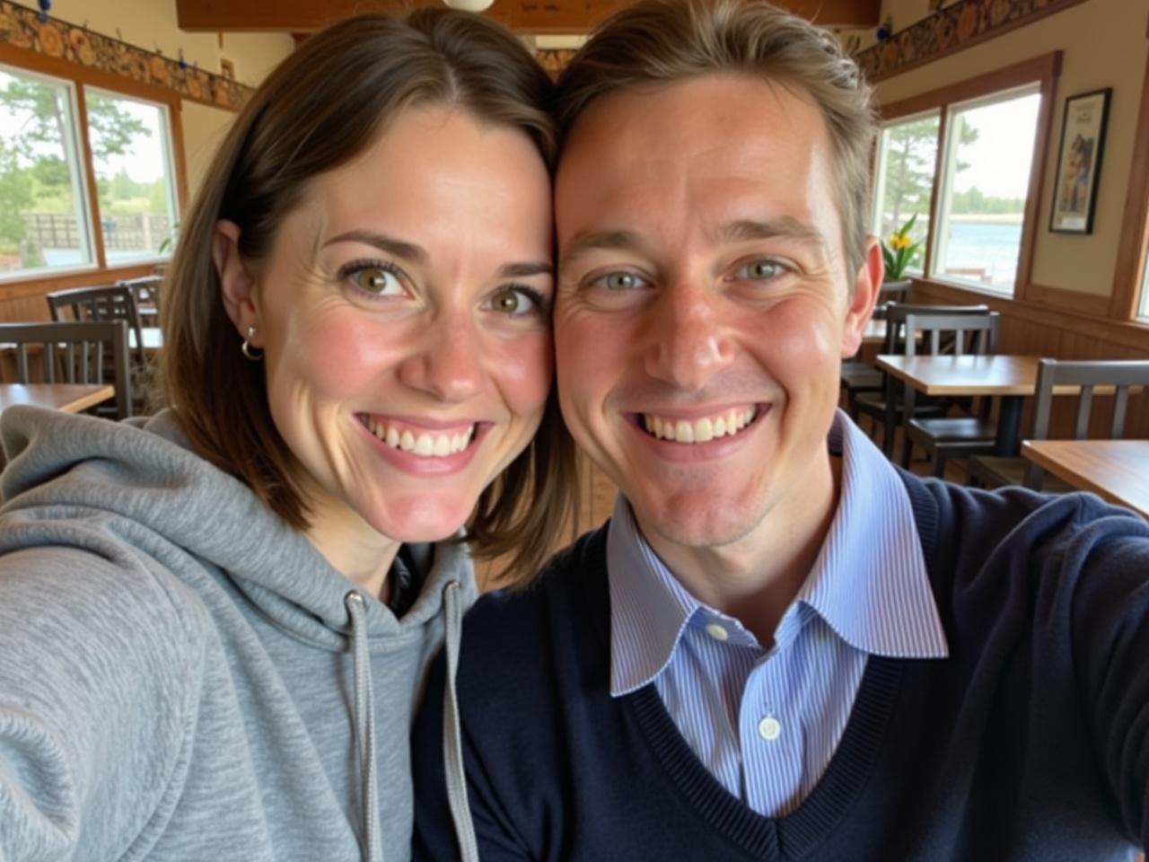 This image depicts two people smiling closely together, taking a selfie in a cozy indoor setting. They appear to be enjoying each other's company, with the background reflecting a rustic ambiance, possibly a café or a lodge. One person is wearing a gray hoodie, while the other is dressed in a light blue shirt with a dark sweater. Natural light filters in through windows, suggesting it might be daytime. The setting looks inviting, with wooden beams and decorative elements visible in the background.