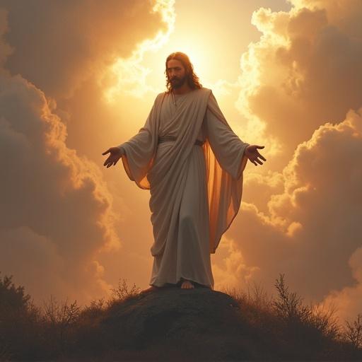 Jesus stands on a rock in heaven emanating a radiant light. He wears a flowing robe. The sky is filled with clouds illuminated by a golden glow. The overall atmosphere is serene and majestic.