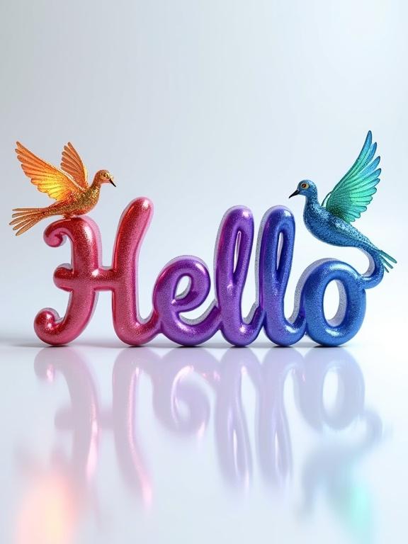3D rendered name Hello in metallic purple text with curved tail design. Surrounded by rainbow-colored butterfly effect. Birds transition from orange-red on left to purple in center and blue-green on right. Iridescent blue peacocks with transparent wings on right side. Birds cast shadows on reflective white surface. Light gray background. Handwritten small letters below in gold ink by Muny Vathana.