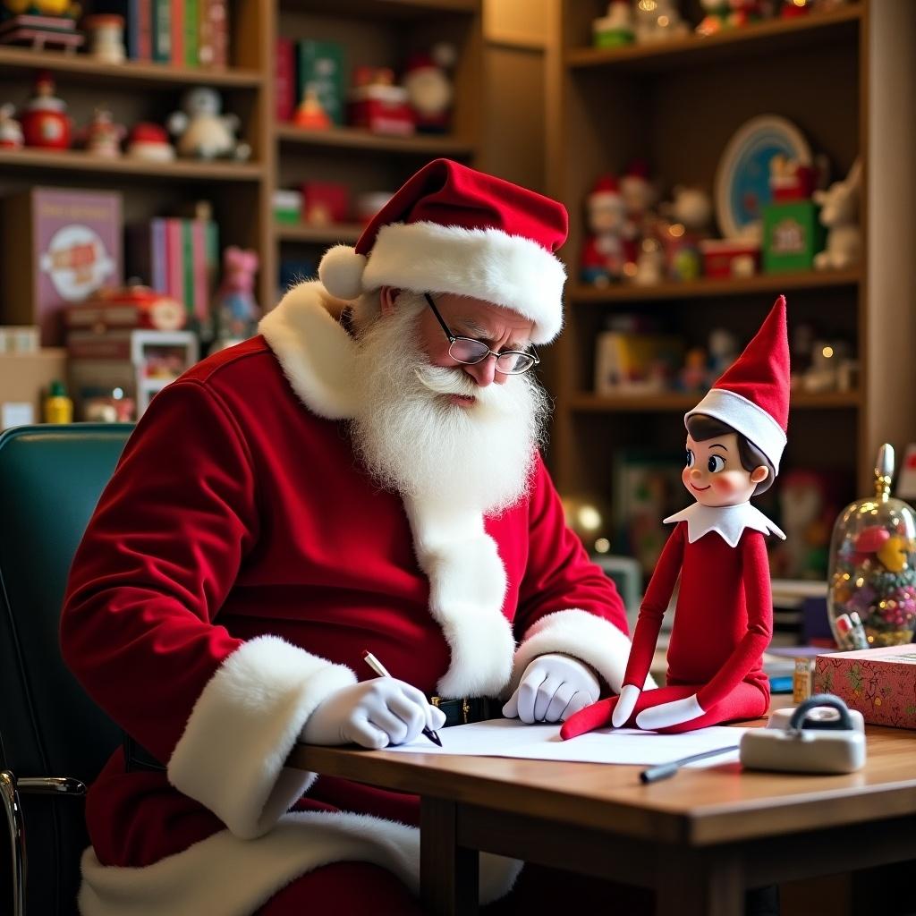 Santa with an elf writing names on the nice list in the workshop. The setting is festive with greenery and decorations.