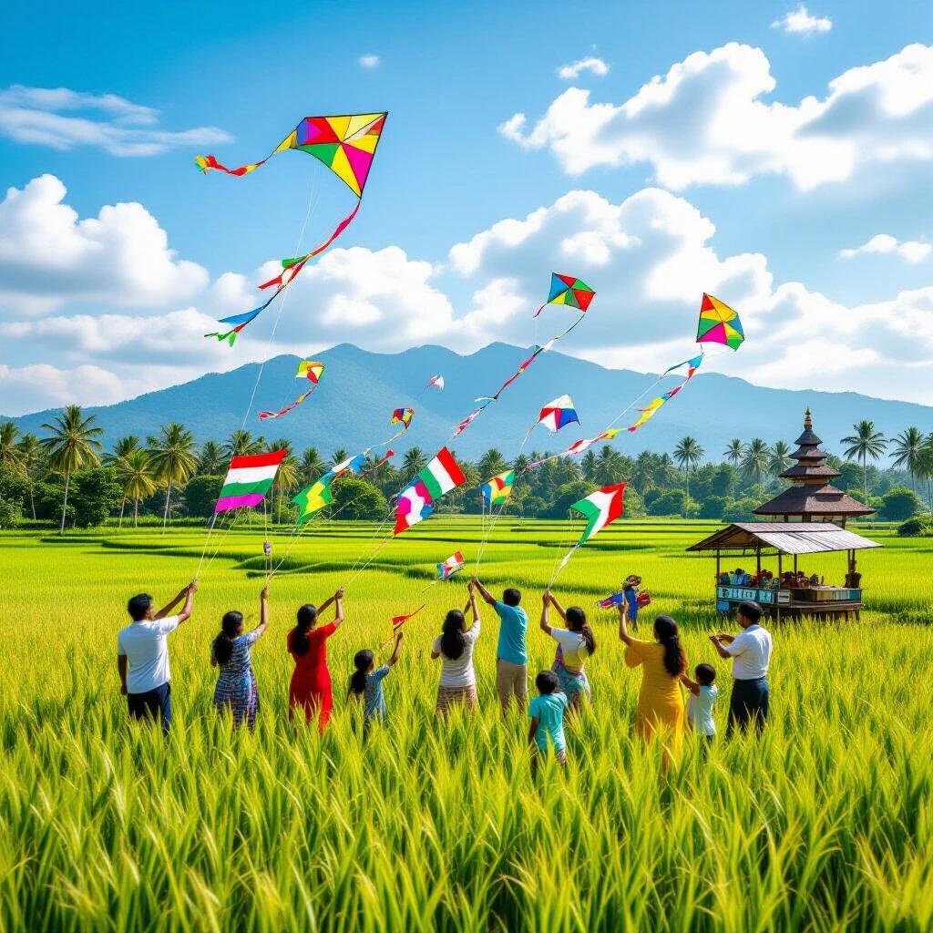 Colorful kite festival in green paddy field. Families and children enjoy under blue sky. Various traditional and modern kites fly. Sri Lankan flags seen. Coconut trees in background with mountains or temples. Local food stalls present. Vibrant atmosphere. Wide landscape view.