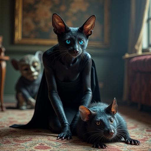 A blue eyed black bat female in a black outfit kneels next to a large black rat in a Victorian room with Venetian masks