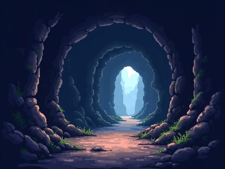 A large cave with an entrance and two side tunnels. Features pixelized art style typical of 8-bit games. The cave has a rocky texture and ambient lighting that creates a mysterious atmosphere. Foliage is present, adding a touch of nature to the scene.