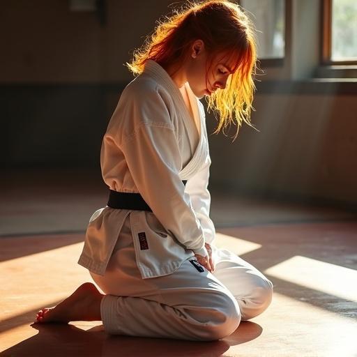 Close up of a kneeling female karate fighter in a dojo. She has red hair and damp skin. Wearing a karate gi. Sunlight reflects on the floor.