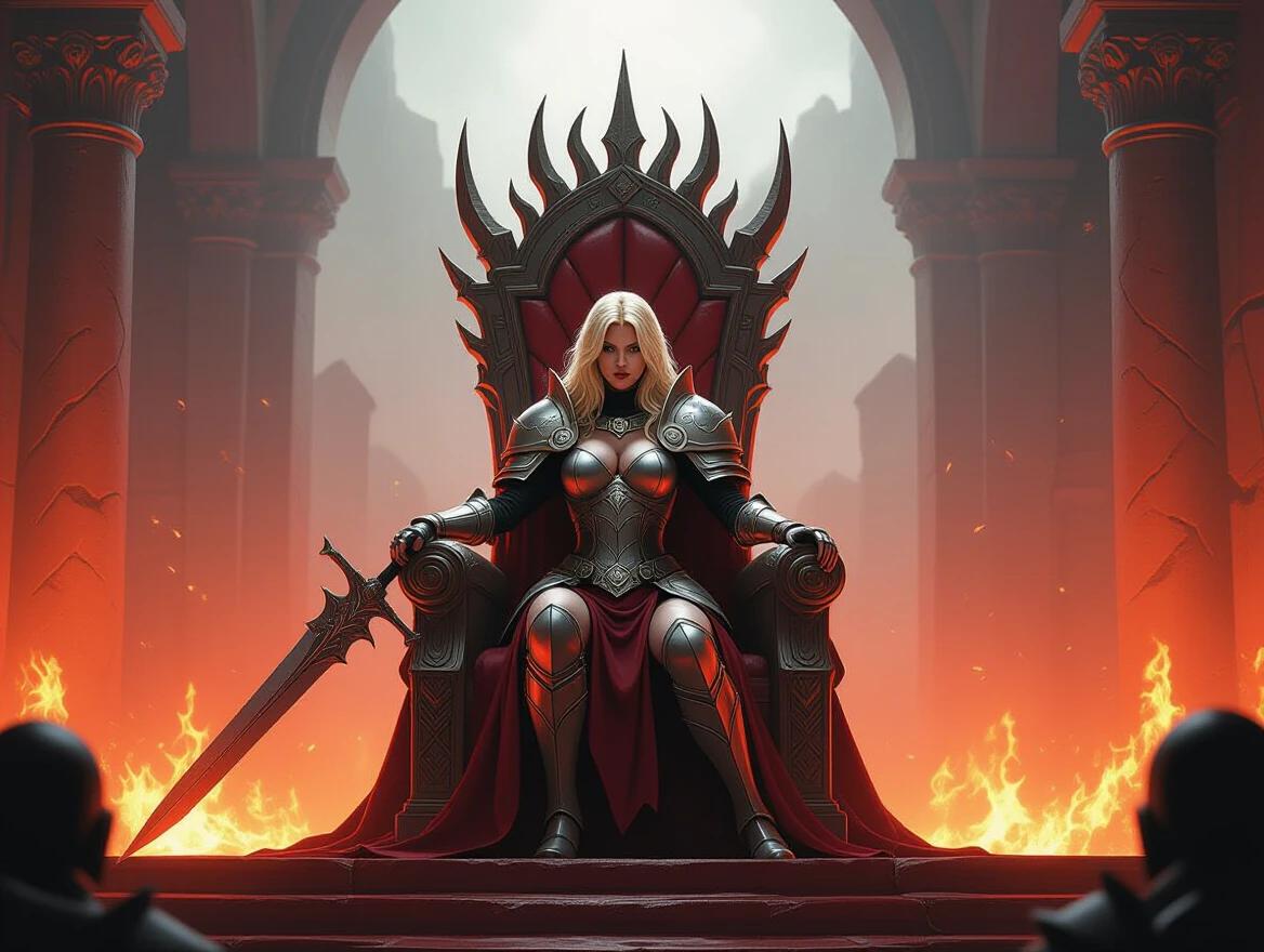 A female Paladin kneels in the Demon Queen's throne room. The atmosphere is thick with heat and evil, surrounded by lava. The Queen is powerful, seated on an imposing throne with dark majesty.