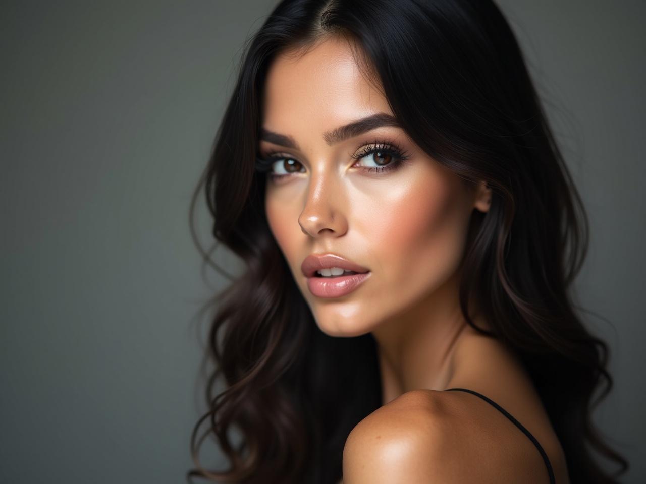 Portrait of a young beautiful woman with long, dark hair and dark eyes. She is looking slightly to the left of the camera with a neutral expression. Her features are enhanced with full makeup, and her lips have a glossy finish. The focus is primarily on her face, while the background is slightly blurred, creating a professional look. The photography is of high quality and captured in a realistic style, emphasizing her silky skin.