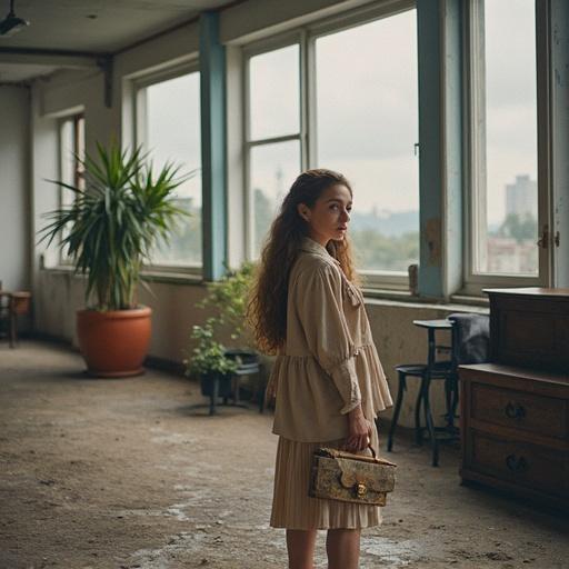 A woman stands in an indoor space with natural light. She is in a relaxed pose. The background features plants and vintage furniture. The atmosphere feels serene and nostalgic.