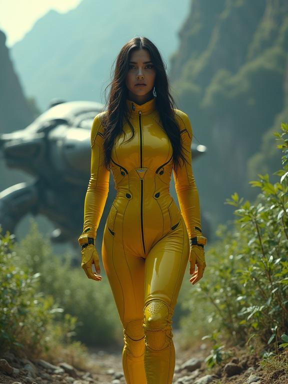 Scifi action movie scene. Female character in yellow spacesuit. Dramatic alien forest backdrop. Spaceship in the background. Dynamic pose with emotional expressiveness.