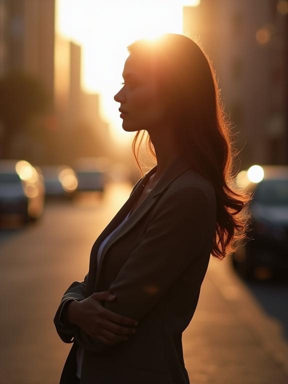 Stylish silhouette of a strong serene mother set in an urban environment. Soft light glows in the background creating a modern aesthetic for Mother's Day.