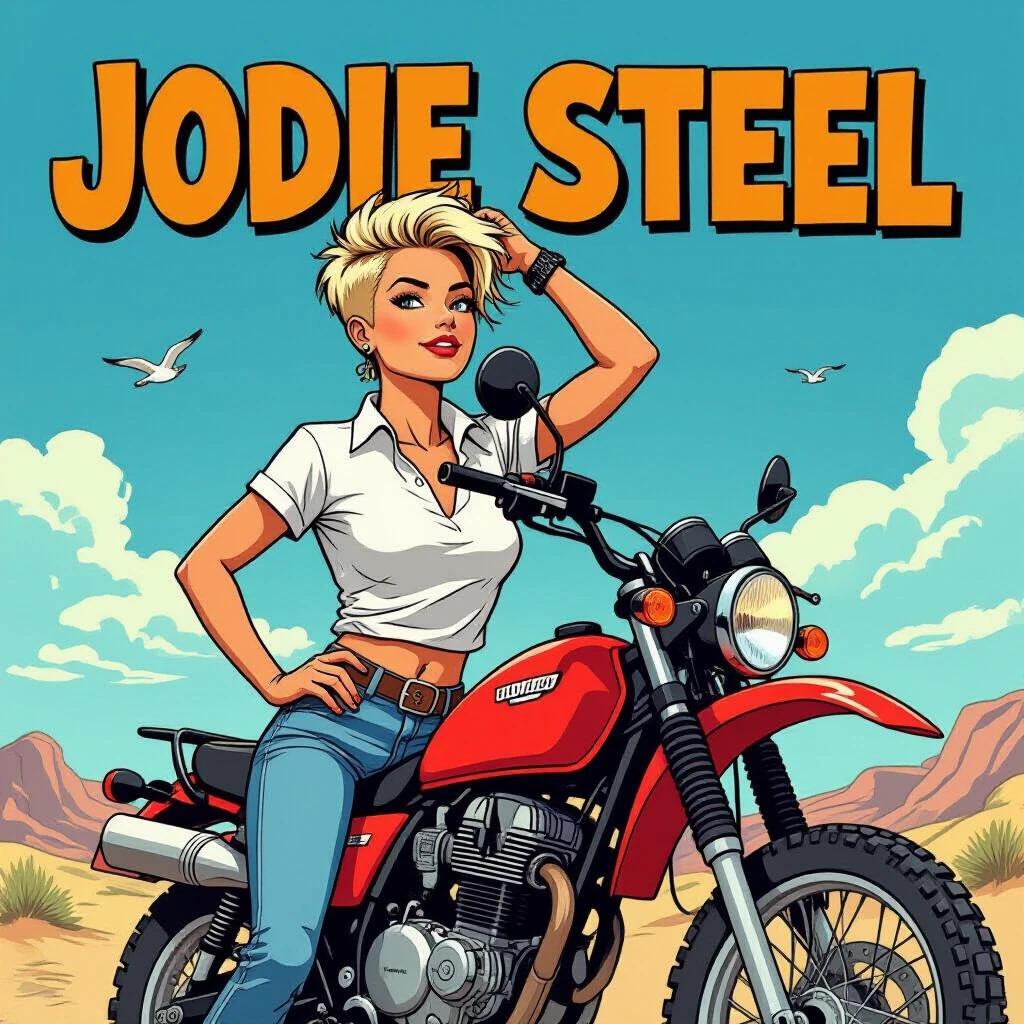 Comic style image featuring Jodie Steel on an off-road motorcycle. She poses confidently with one hand in her hair and another behind her back. Jodie is a young woman with blue eyes and a punk-inspired short haircut. She wears a knotted white shirt and denim shorts. The background showcases a desert landscape with clouds and birds in the sky.
