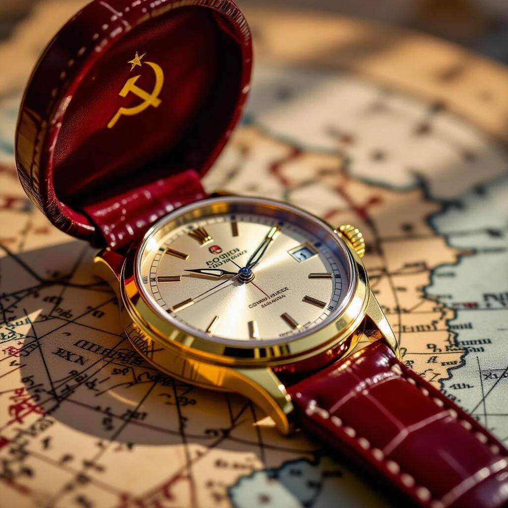 A Soviet Vostok Commander gold watch from the 1980s. The watch is on a weathered navy map of the Black Sea. The image displays the watch case and velvet case with extreme clarity. Soft golden hour light emphasizes the 18k gold case. Includes shadows resembling a sundial. Shot with a high-quality macro lens.