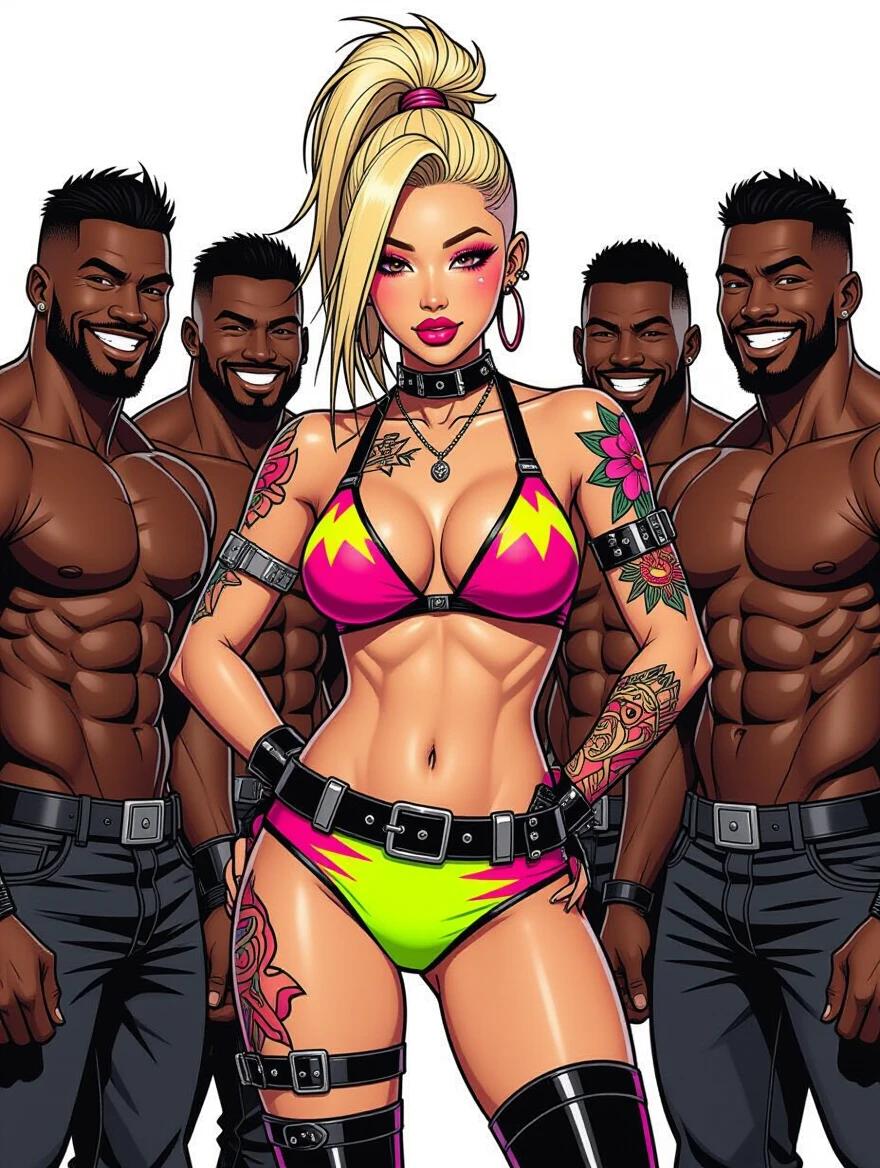 Asian cyberpunk model in a bright bikini. High blonde ponytail and bold makeup. Displaying tattoos and wearing high boots. Hands behind back. Comic style artwork. An intense expression with a blush. Surrounded by five muscular men. They are smiling with sly expressions. Image captures a daring and edgy vibe.