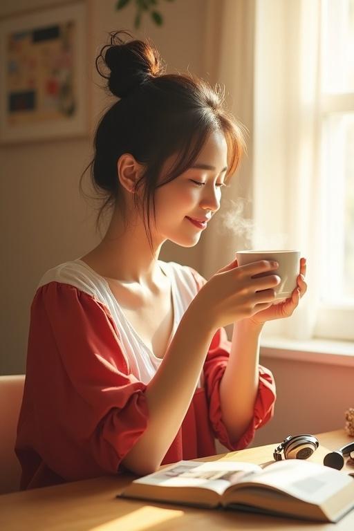 Beautiful young woman sitting at a coffee table by a sunlit window. Holding a steaming cup. Wearing a casual red and white top. Hair styled in a messy bun. Soft morning light creates a warm atmosphere. Gentle smile and dreamy expression. Headphones and a book on the table.