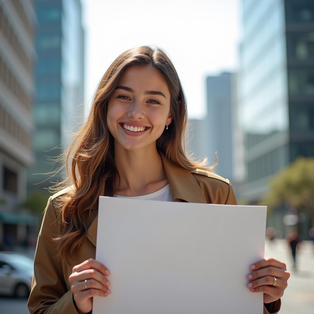 Young woman smiles while holding a blank sign in a modern city environment. High-quality photorealistic image.