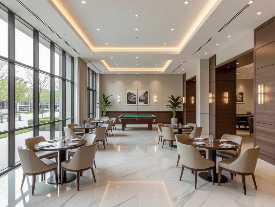 Luxurious multipurpose hall with modern interior. Six round tables arranged in two rows. Four chairs at each table. One pool table near the bottom center. Floor-to-ceiling windows on the left. Soft natural daylight illuminated the room. Polished marble floors. Ambient lighting from ceiling. Clean and organized layout. Minimal modern decor. Wide-angle perspective.