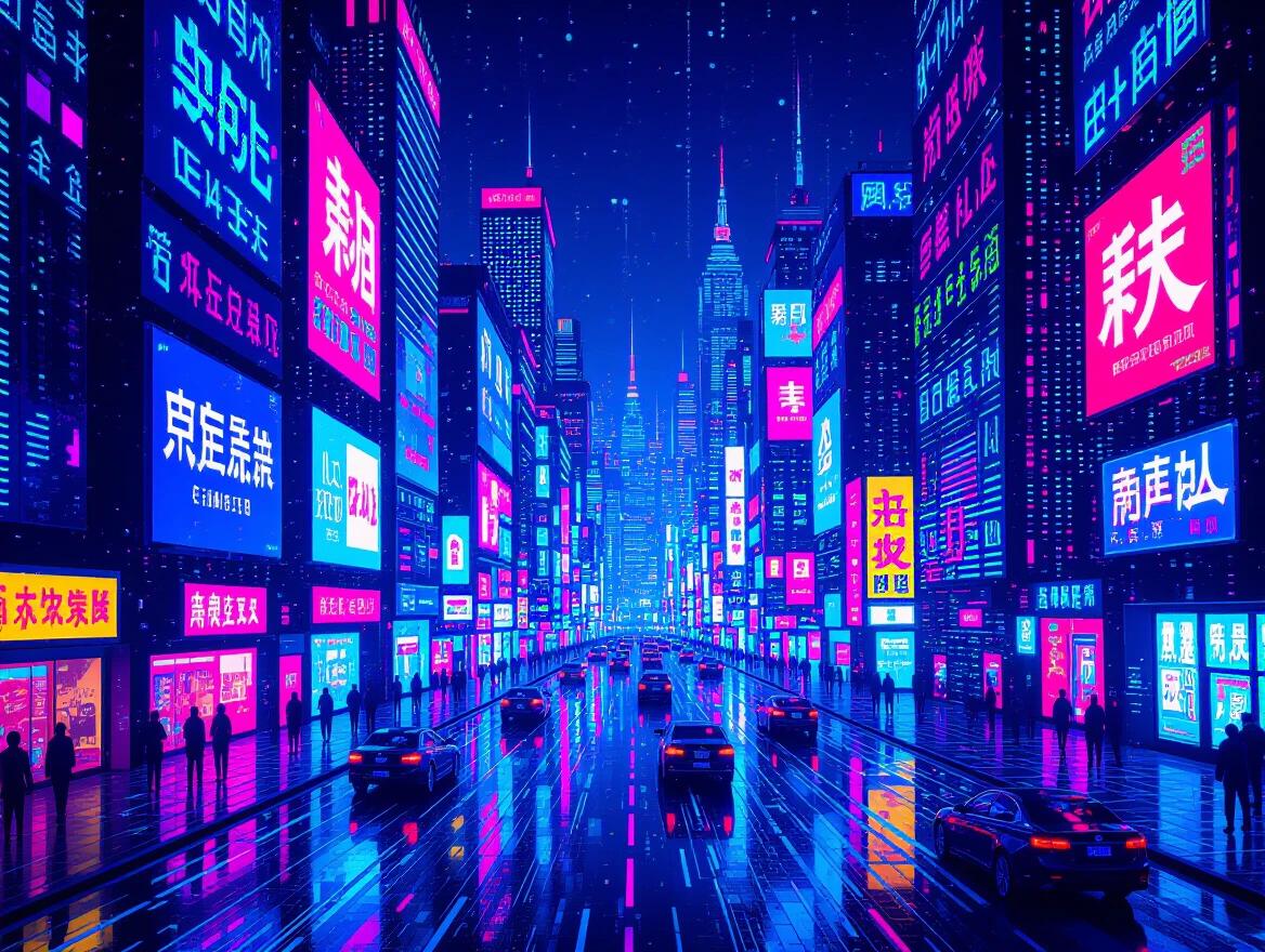 Futuristic cityscape illuminated by neon lights. Pointillist technique using electric color dots. City shows holographic advertising displays. LED facades create a digital-age atmosphere. Contemporary art genre blending cyberpunk aesthetic with neo-impressionism. Color mixing includes electric blues, hot pinks, and laser greens.