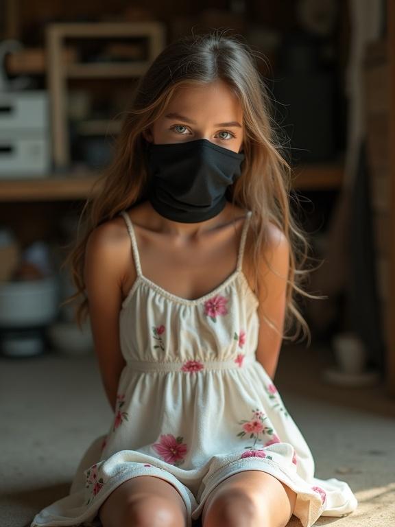 Photorealistic image of a young girl wearing a black cloth mask. She has long brown hair and green eyes. Her tanned skin contrasts with a white floral sun dress. She sits on the floor in a cluttered storage room with her arms behind her back.