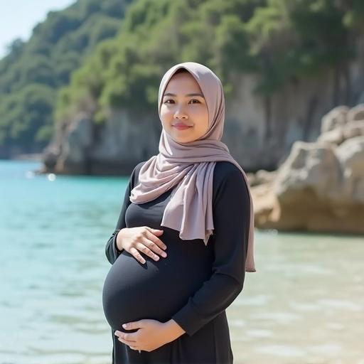 Indonesian woman in bikini with hijab showing pregnant belly at the beach. Pregnant at nine months situated by the water with scenic background. Bright and warm atmosphere.