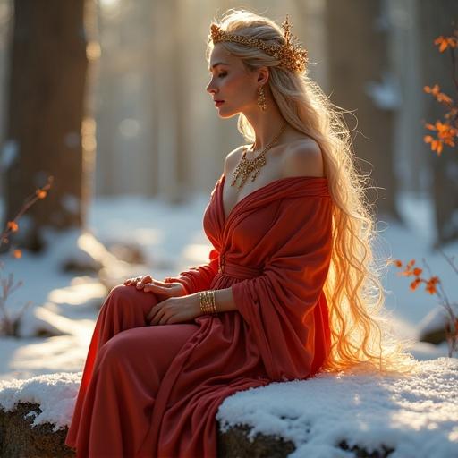 Mature female fire spirit sits gracefully on snow-covered rock. She faces slightly to the side with relaxed, regal posture. Slender figure with elegantly shaped bust defined beneath flowing platinum and deep crimson silk robe. Robe exposes one shoulder and drapes naturally. Long hair cascades in golden, amber flame-like waves. Delicate ancient Greek-style golden tiara shaped like hearth. Intricate gold and amber lantern-motif jewelry adorns neck, arms, waist. Soft, intense aura of flickering flames envelops body, radiating warm, mystical light. Expression is calm, warm, loving. Harmonizes with serene snowy forest. Scene is majestic, sacred, warmly radiant. Fantasy art style, full body, high resolution.