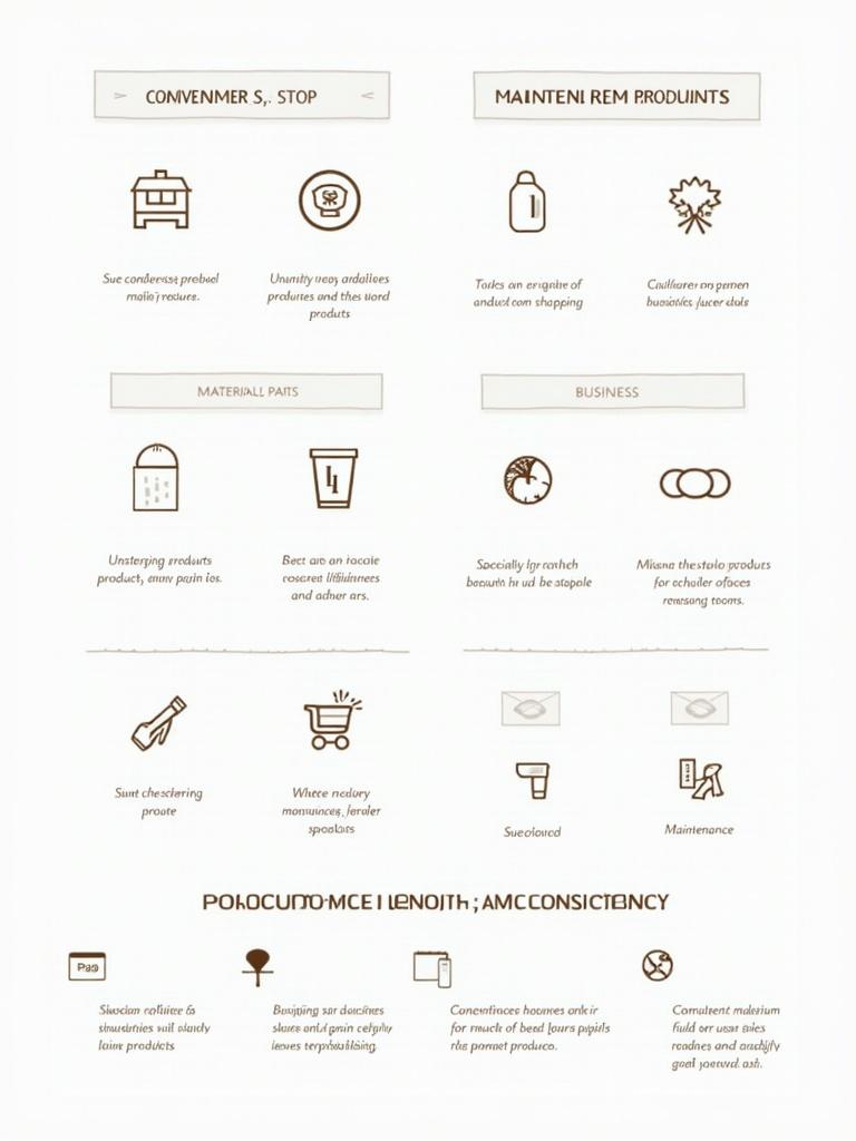 Infographic about consumer and business products. Sections distinguish convenience specialty unsought products. Information includes materials parts and maintenance. Illustrates product mix breadth length consistency for Nestlé. Features icons with descriptions.