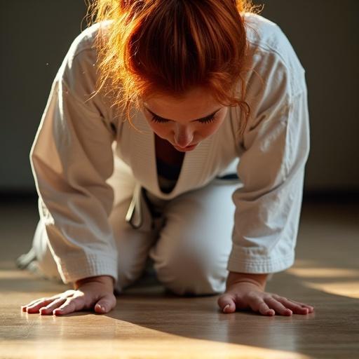 Close up view of kneeling female martial artist. Upper body leans forward. Elbows touch the floor. Red hair damp against skin. Karate gi worn. Sunlight reflects on dojo floor.