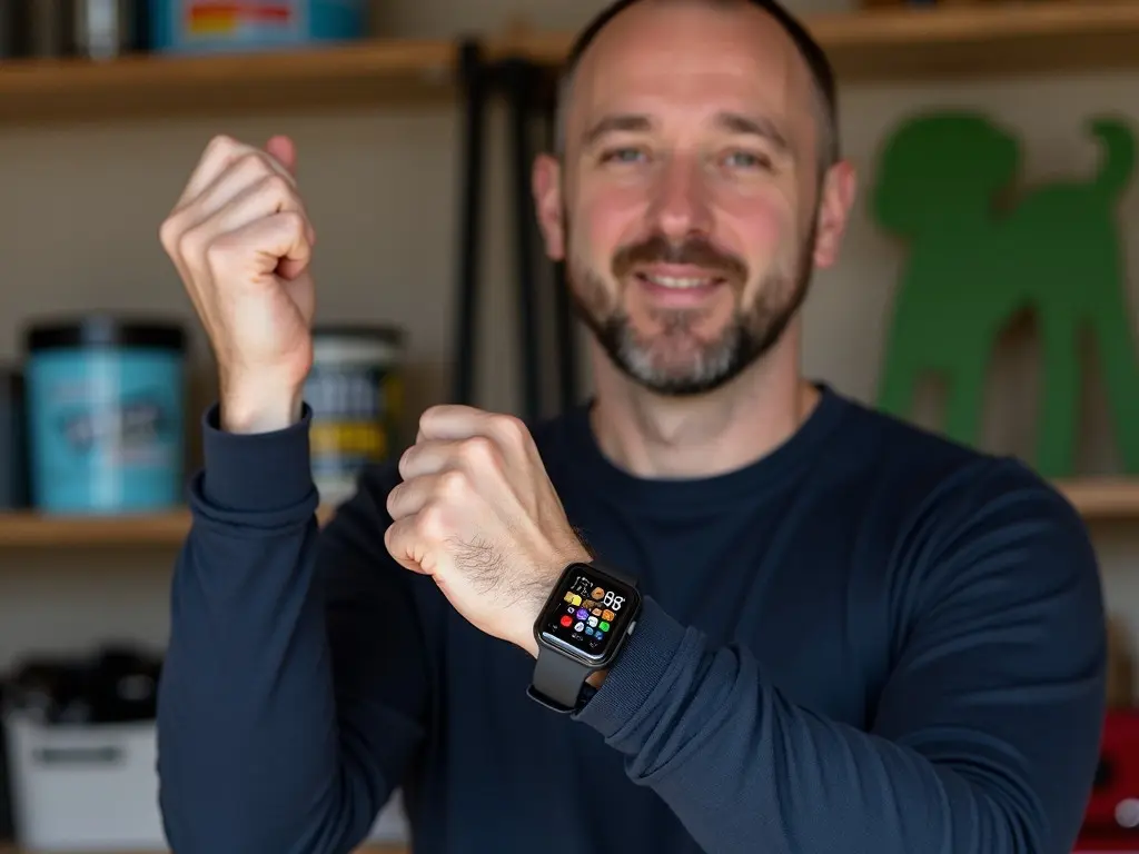 The image shows a man holding his wrist up, showcasing a digital smartwatch. The watch screen displays colorful icons and numbers, indicating that it is functional and possibly tracking health metrics or notifications. The man is wearing a long-sleeve navy blue shirt and appears to be in a garage or workshop environment, with various items in the background. There are containers and tools visible, creating a casual, everyday scene. The background includes a green object that looks like a dog or animal painting, suggesting a personal touch in the space.