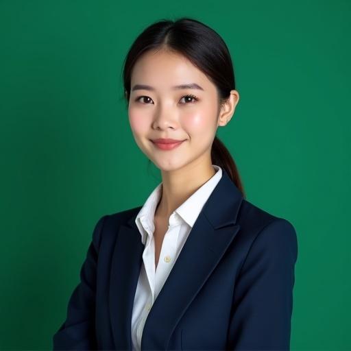 Portrait of a woman in a tailored suit. Dark blue suit with white shirt. Simple silver tie. Smooth low ponytail hairstyle. Solid green background. Professional and elegant style.