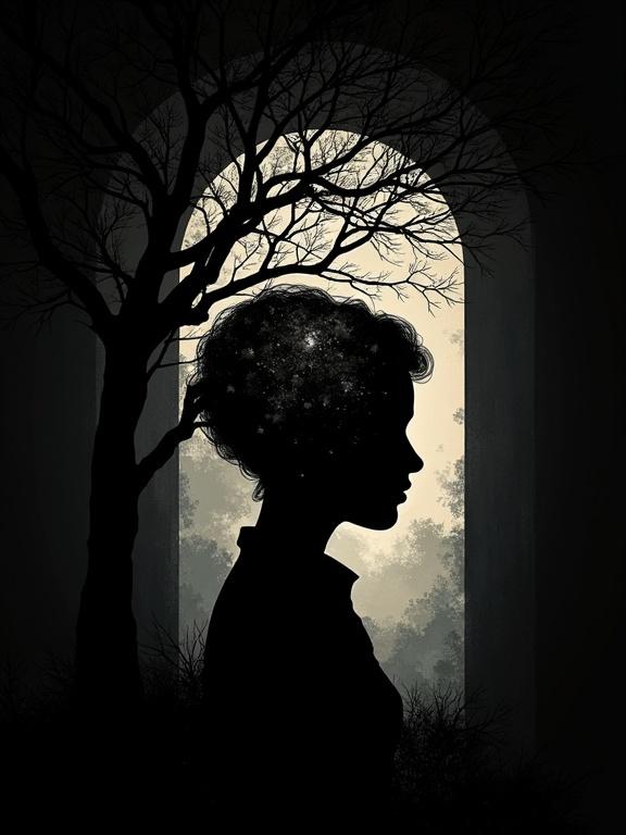 An illustration with a silhouette nested within another silhouette. Features a black background. Style inspired by MC Escher. Double exposure effect creates a dreamy atmosphere.