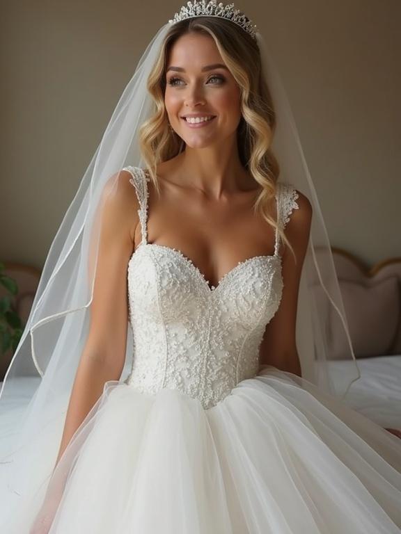Bride in a beautiful wedding dress with elaborate neckline and large bust. Dress has intricate detailing and fluffy skirt. Elegant veil completes the look.