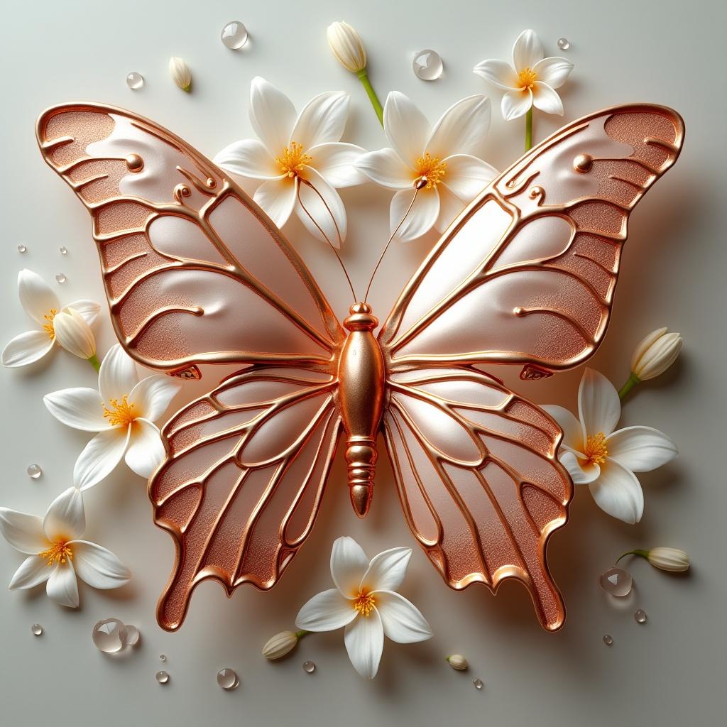 Butterfly designed in rose gold color surrounded by white lilies and dew drops. The name 'margarida' appears in large, shiny metal-like font.