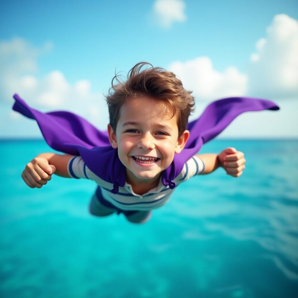 A boy flying joyfully with a purple cape over the Caribbean Sea. He holds the word Quest in his hands, embodying a superhero moment.