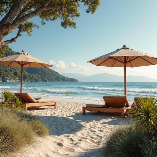 Wooden sun loungers placed on a sandy beach facing the ocean. White umbrellas provide shade. The scene is graced by gently rolling waves in a calm sea. Lush green vegetation frames the beach. A warm and inviting atmosphere under a clear blue sky.
