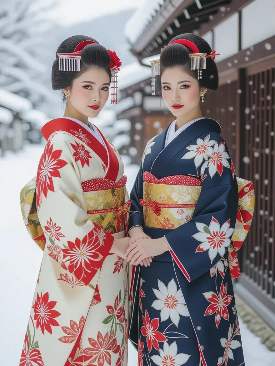Fashion photoshoot of two Japanese women in haute couture kimono dresses. Snowy day in the Japanese countryside. Ultra-realistic image with high resolution.