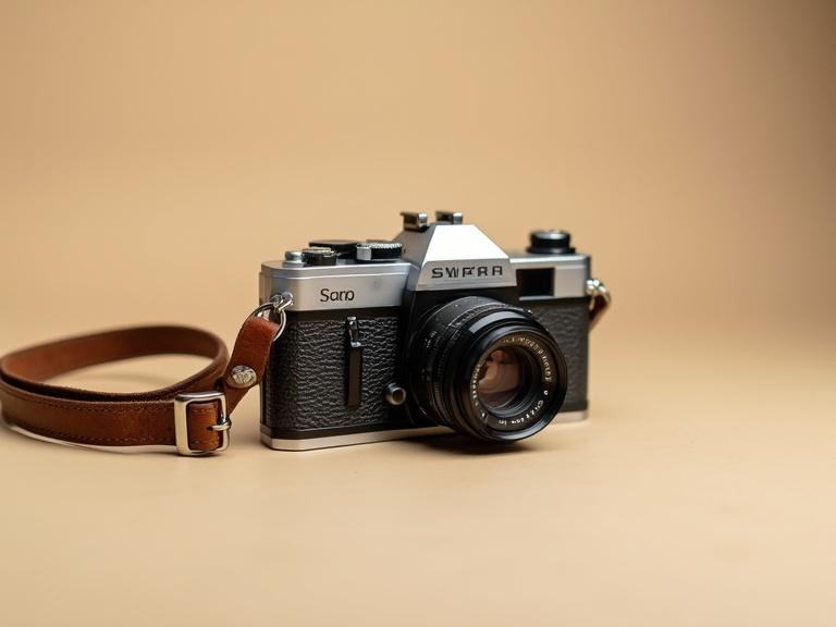 Photograph showcases a vintage camera on a smooth beige surface. Camera features a silver top and a textured black body. Lens faces forward. Brown leather strap rests next to the camera. Soft warm lighting enhances the scene. Shallow depth of field blurs the background slightly. Neutral color tones fill the image. Small viewfinder and various dials visible. Strap appears slightly wrinkled. Composition is minimalist with subtle shadows. Camera leans slightly to the right while strap lies to the left. Image gives a soft and gentle atmosphere. Retro style reflects classic design. Overall nostalgic feel present. No watermarks present.