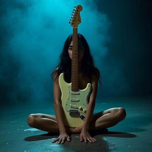 The image depicts a young woman seated on the floor in a dimly lit studio with a smoky, blue background. She is relaxed, holding a cream electric guitar in front of her. Her expression is playful, embodying a mood of introspection and intimacy. Shadows highlight her figure and the guitar, contributing to an artistic atmosphere.